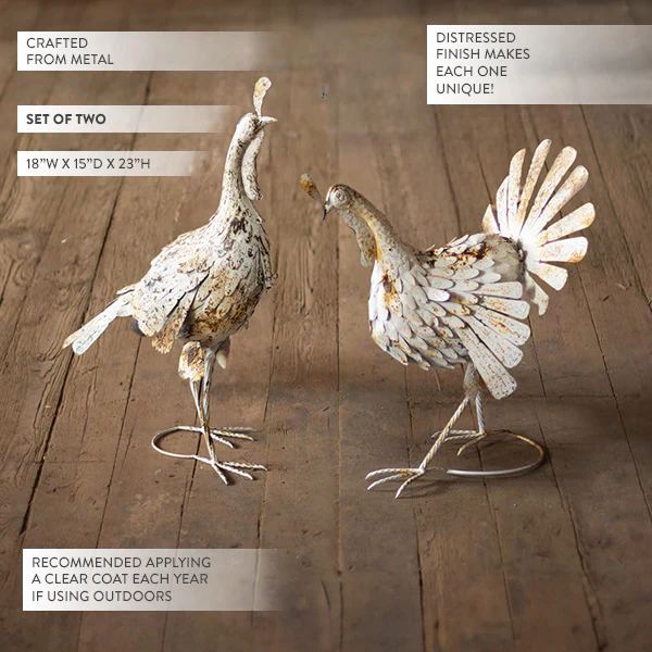Distressed White Metal Turkeys, Set of Two
