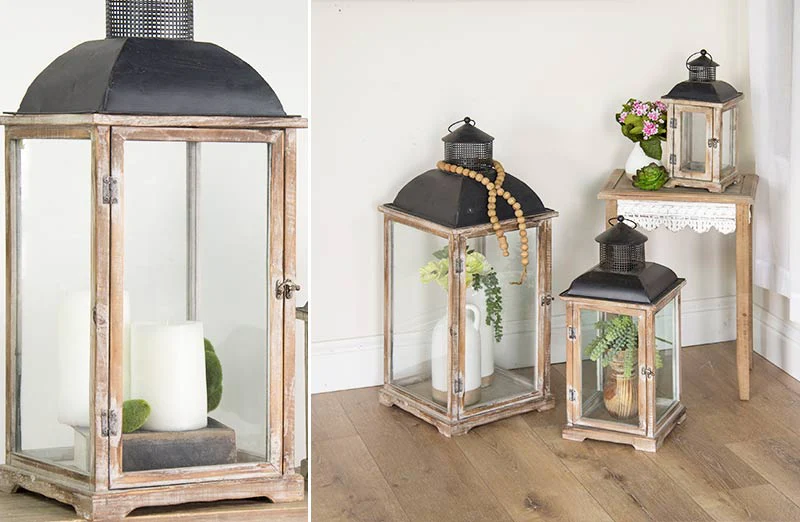 Wooden Framed Lanterns  Set of 3