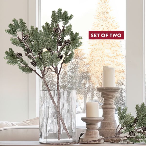 HUGE 30 Inch Realistic Pine Branch with Cones, Set of 2