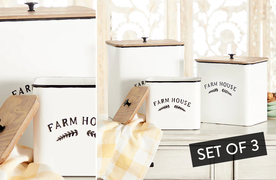Farmhouse Enamel Bins with Wooden Lids, Set of 3