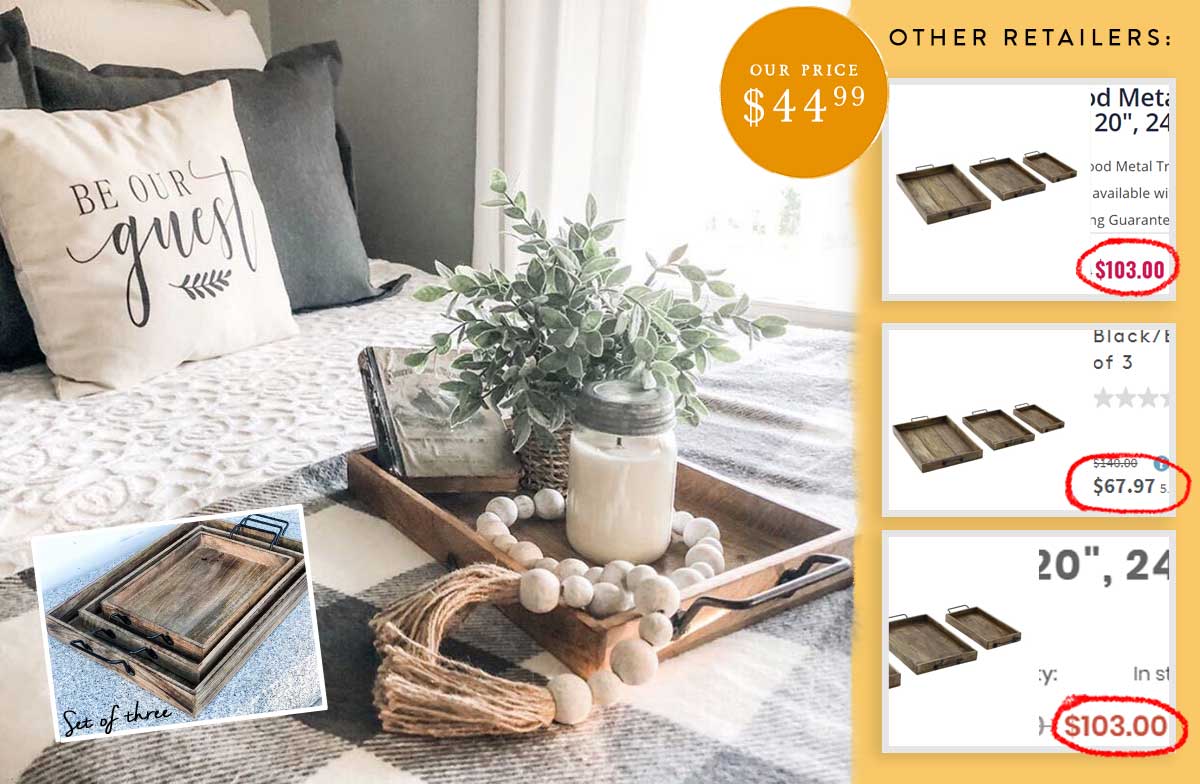 Wooden Tray with Handles, Set of 3