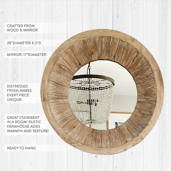 HUGE Vintage Inspired Distressed Wood Round Mirror