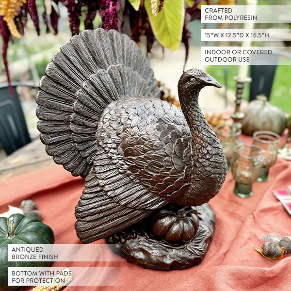 16 Inch Antique Inspired Bronze Tabletop Turkey Centerpiece