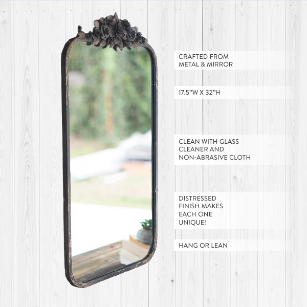 Antique Inspired Rectangular Metal Mirror with Flowers