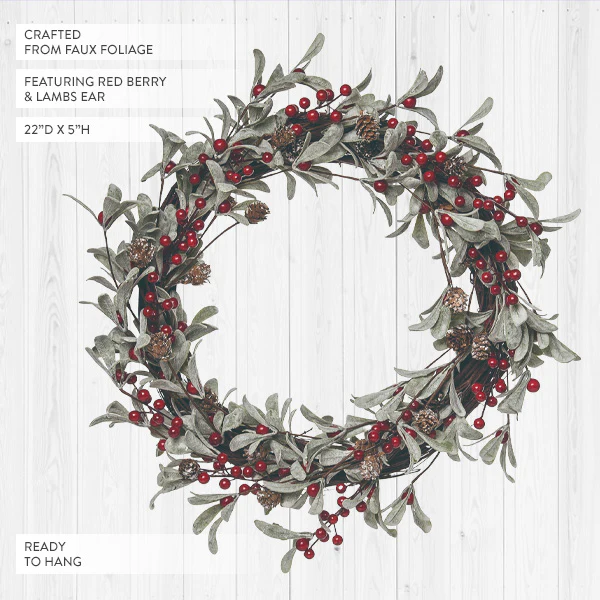 22 Inch Red Berry & Lambs Ear Wreath