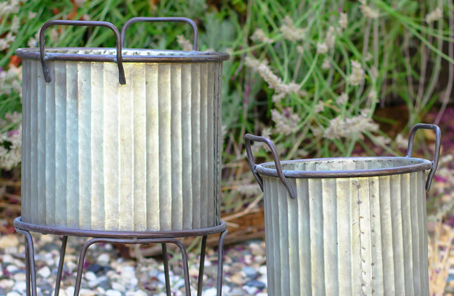 Galvanized Ribbed Standing Planters, Set of 2
