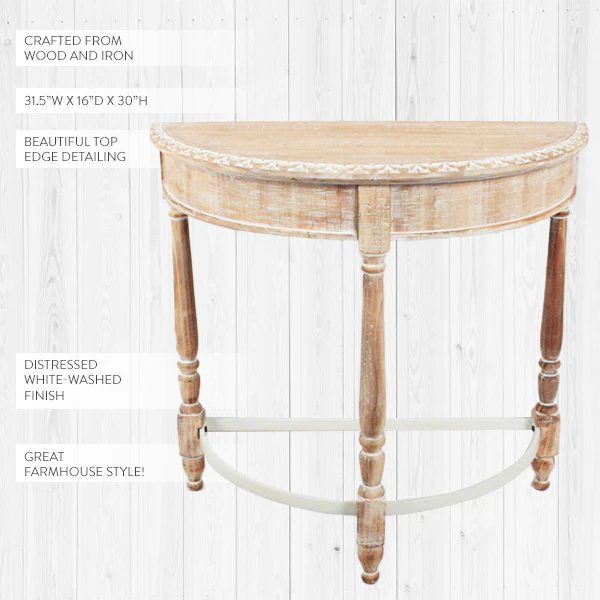 Whitewashed Wooden Half Moon Table with Metal Accents