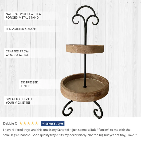 Natural Wood Two-Tier Forged Metal Scroll Stand