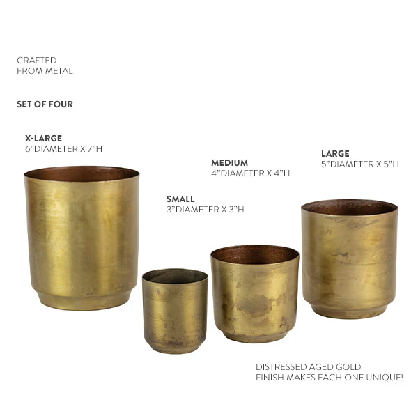 Aged Brass Metal Planters, Set of 4