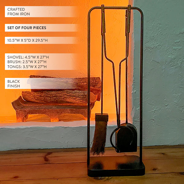 Black Iron Fireplace Tool Set with Brush Shovel and Tongs