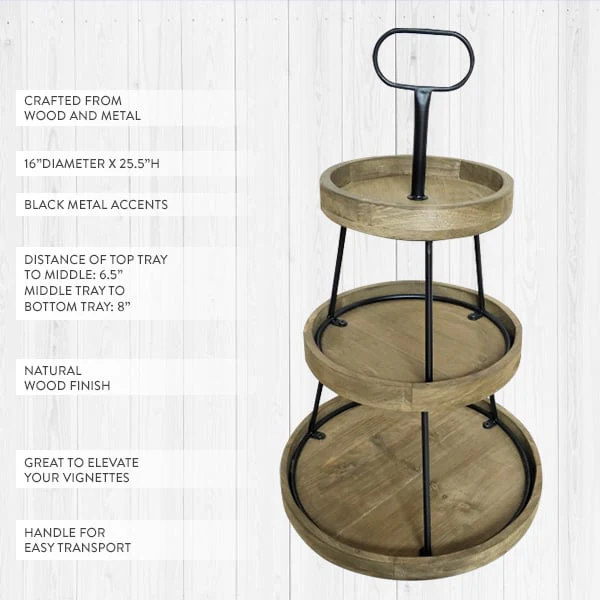 Natural Wood Tiered Tray with Metal Stand