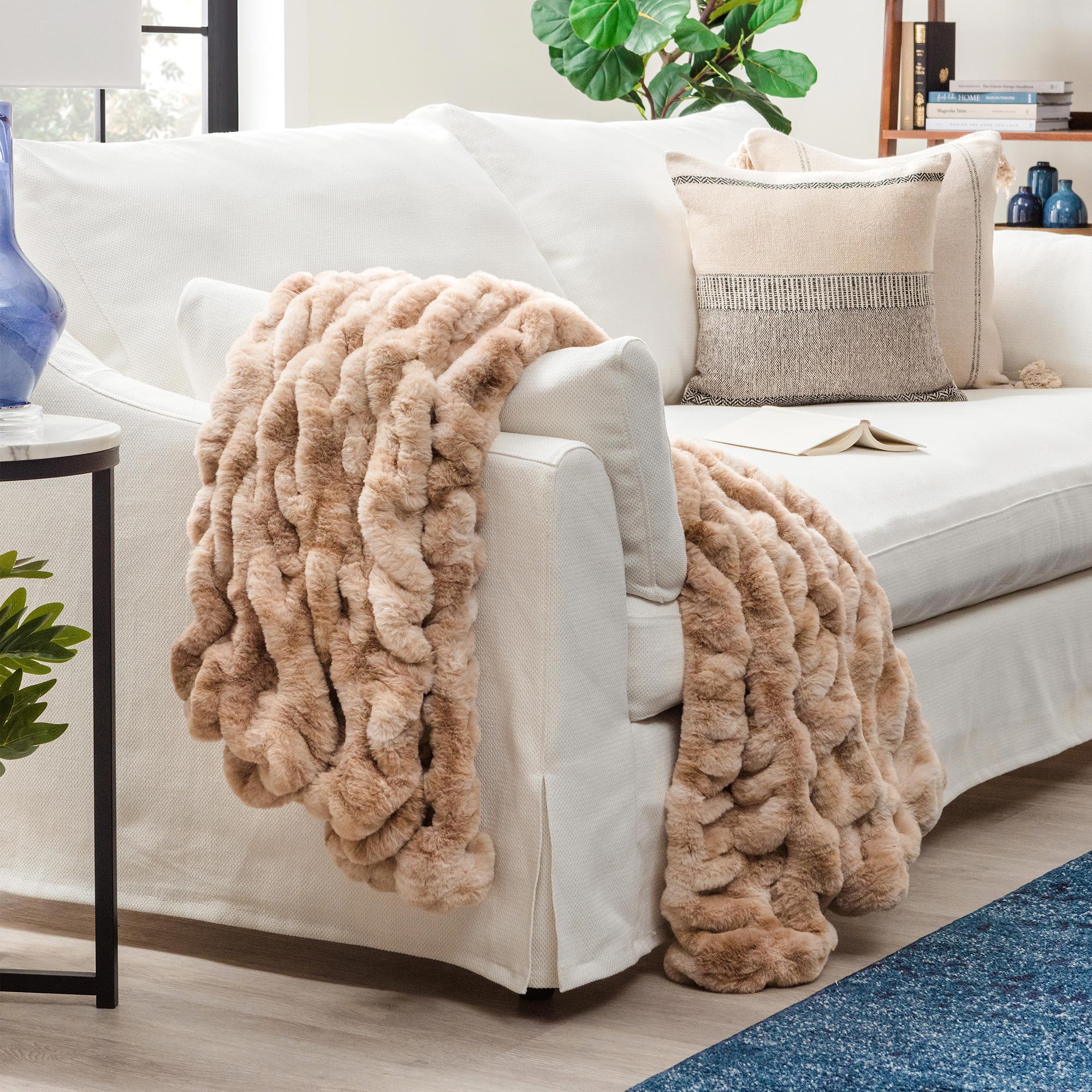 Ruched Faux Fur Throw Blanket