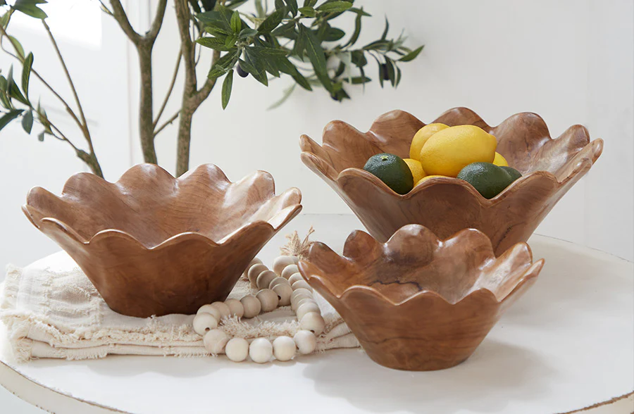 Scalloped Teak Bowls, Set of 3
