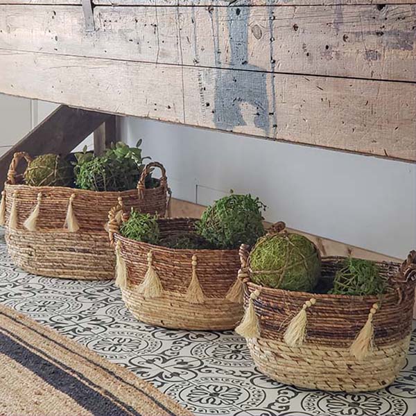 Round Banana Leaf Storage Baskets with Tassels, Set of 3