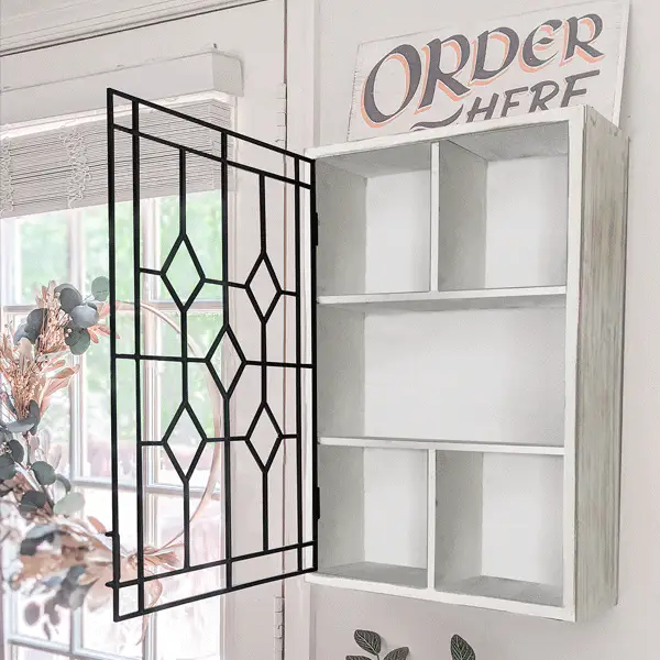 Wooden Wall Hanging Curio Cabinet with Black Iron Door