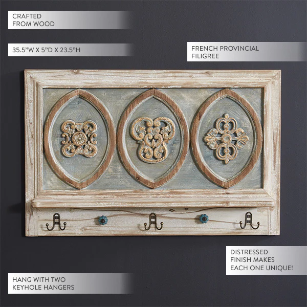 French Provincial Wooden Shelf with Hooks