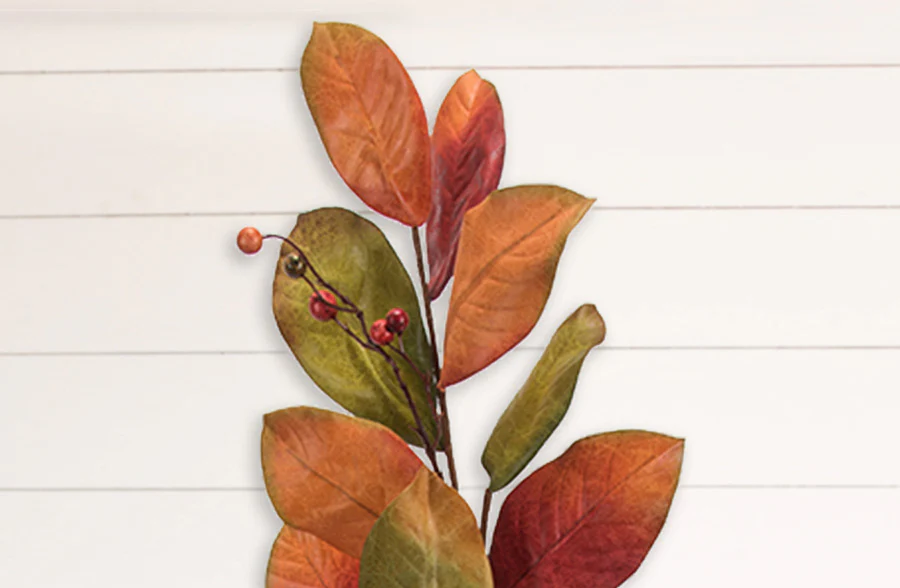 Orange Magnolia Leaves With Berries, Set of 2