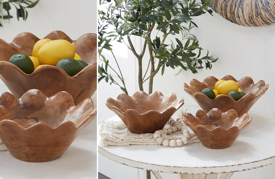 Scalloped Teak Bowls, Set of 3