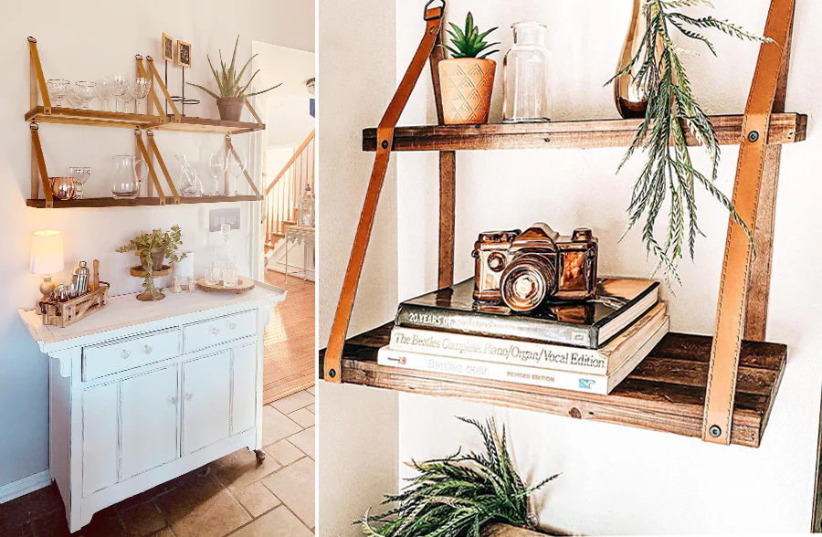 Floating Wall Shelf with Faux Leather Straps, Pick Your Size