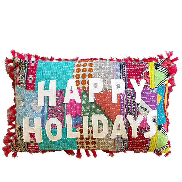 Happy Holidays Kantha Pillow