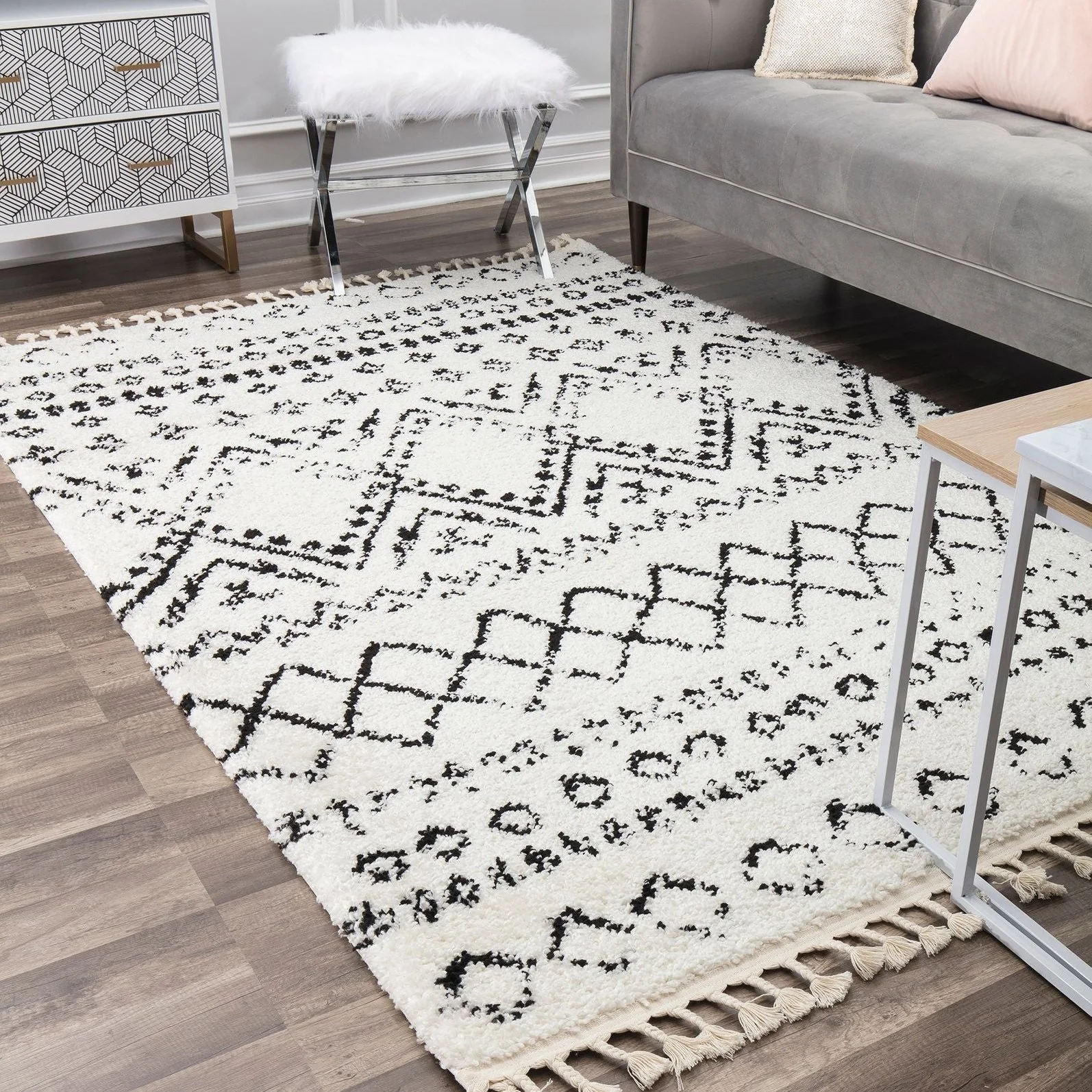 Shag Tribal White Area Rug