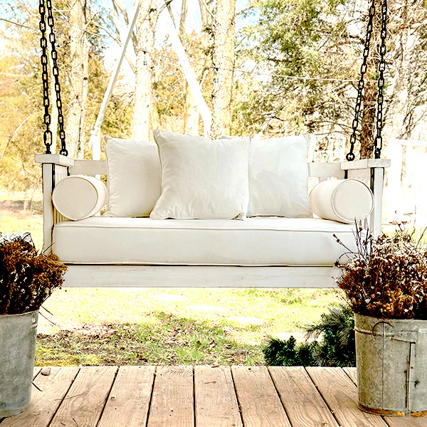 Sunday Wooden Porch Swing with Pillows and Cushions