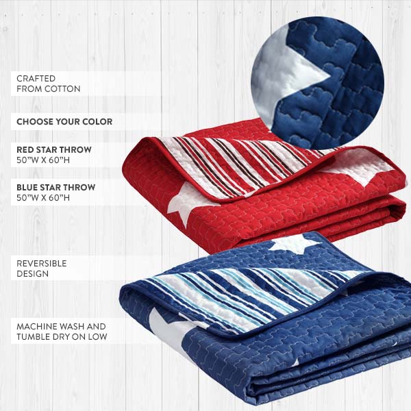 Reversible Patriotic Star Throw Blanket, Pick Your Color