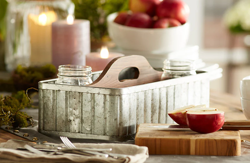 Galvanized Caddy with Wooden Handle