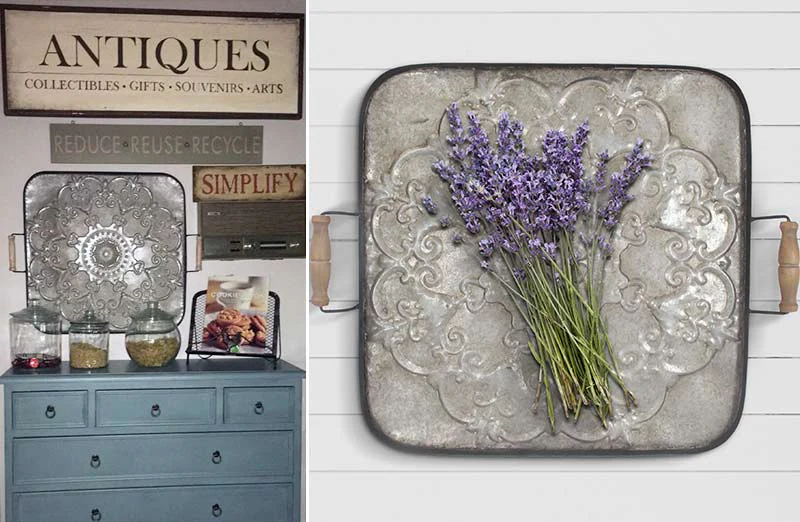 Square Embossed Metal Tray with Handles