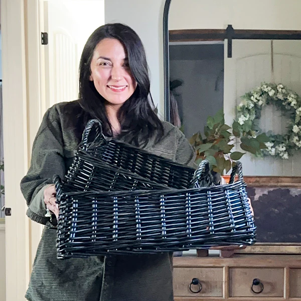 Black Finish Willow Storage Baskets with Handles, Set of Two