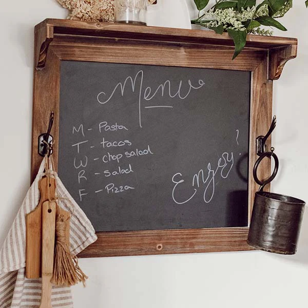 Multi-Functional Rustic Chalkboard Shelf with Hooks