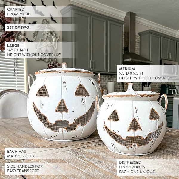 Distressed Jack-o-Lantern Candy Bucket with Lid, Set of Two
