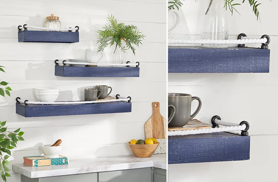 Wood and Rope Shelves, Set of 3