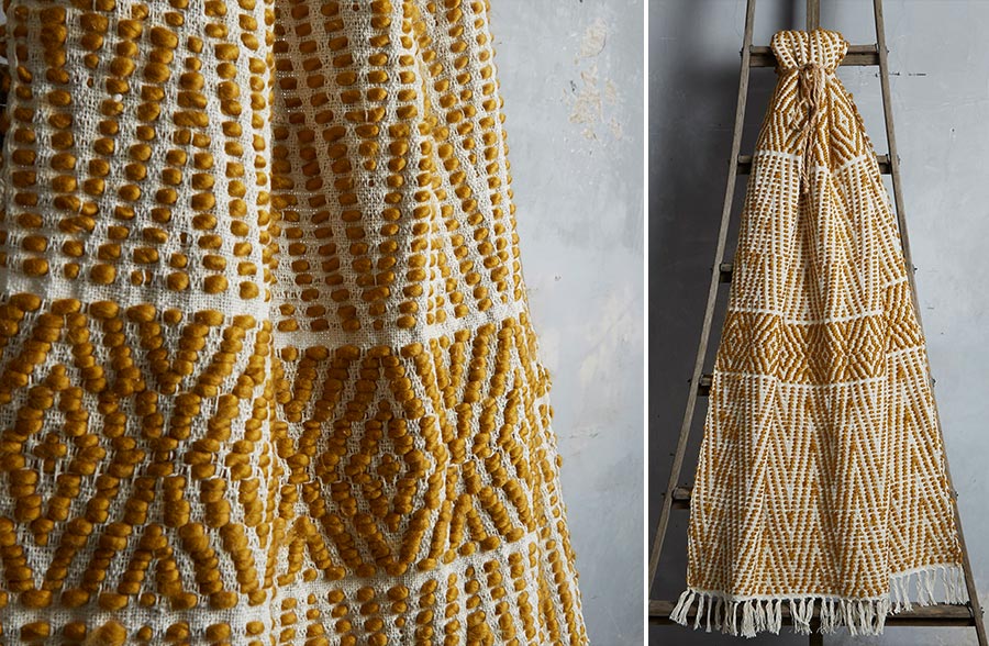 Tufted Cotton Throw Blanket, Ochre or Ivory