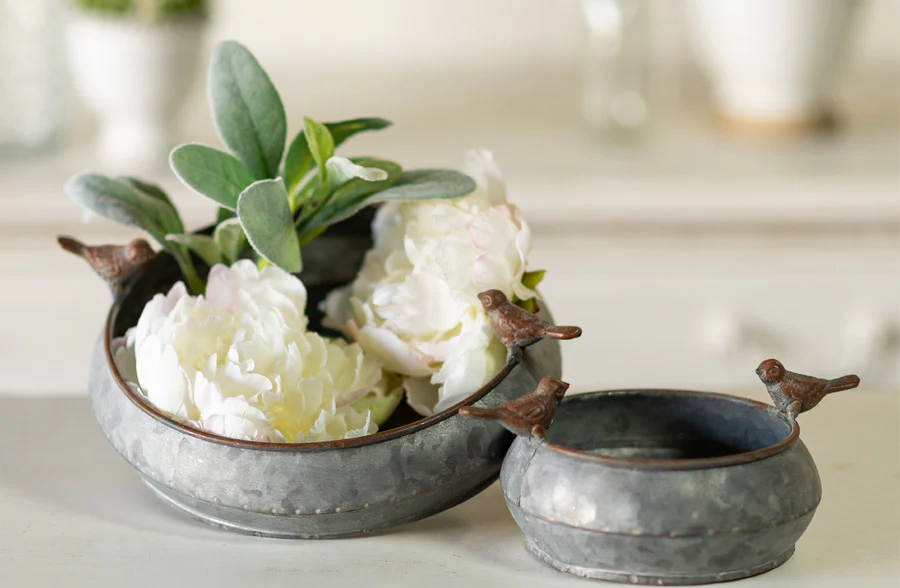 Galvanized Metal Bird Bowls, Set of 2