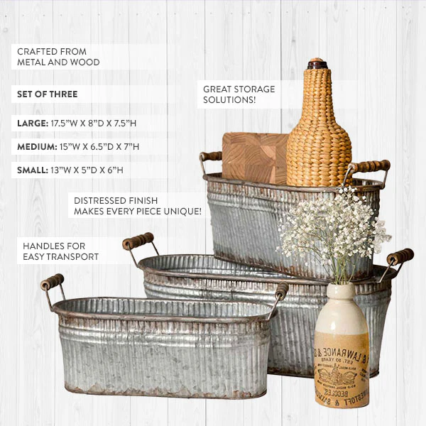 Rustic Bins with Wood Handles, Set of 3