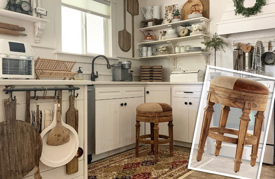 Leather Patchwork Wooden Stool