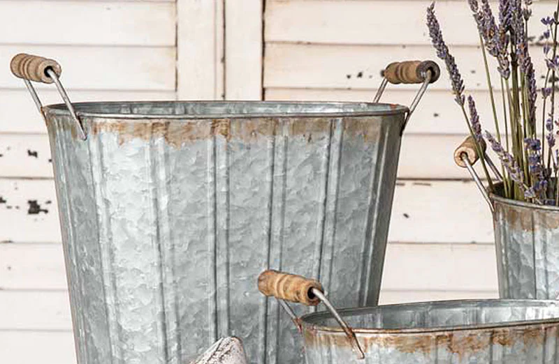 Textured Galvanized Oval Pails With Handles  Set of 3