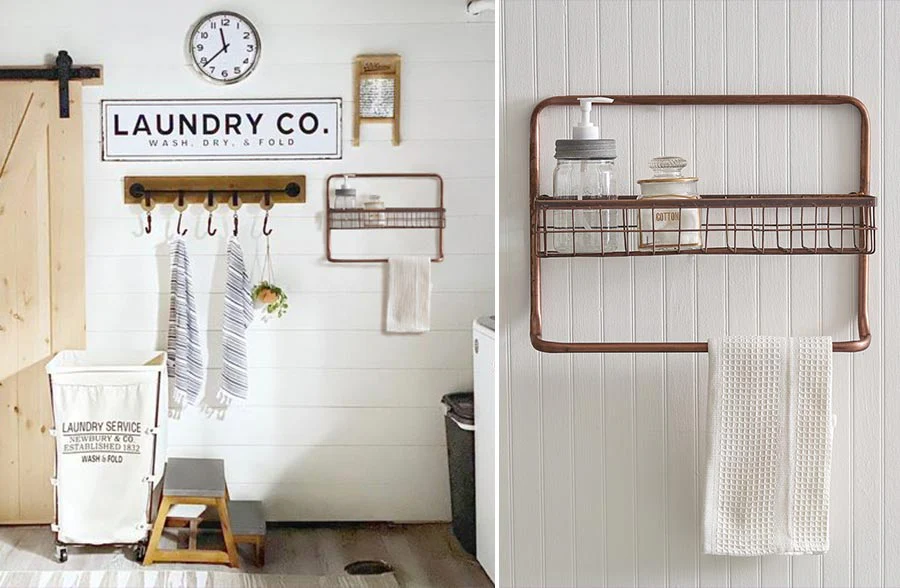 Copper Finish Wall Basket with Towel Bar