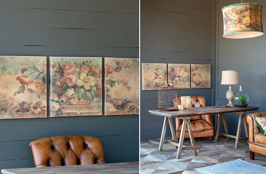 Vintage Floral Triptych Print On Canvas