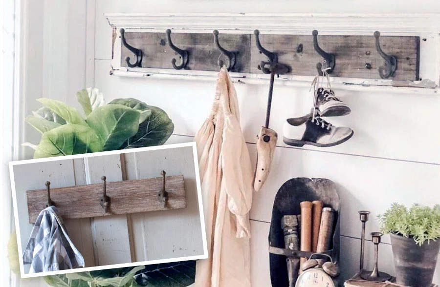 Distressed Wooden Wall Panel with Forged Hooks