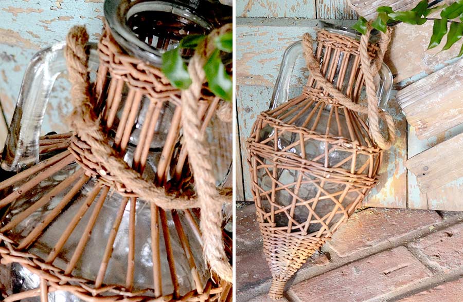 Large Hanging Wicker Wrapped Glass Vase
