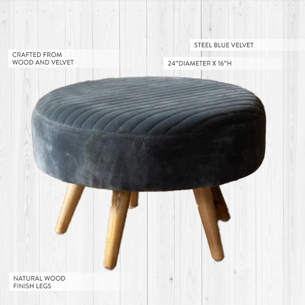 Steel Blue Velvet Ottoman