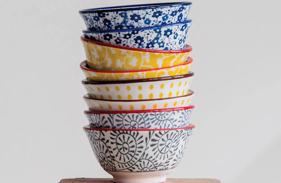 Hand Stamped Stoneware Bowls, Set of 4