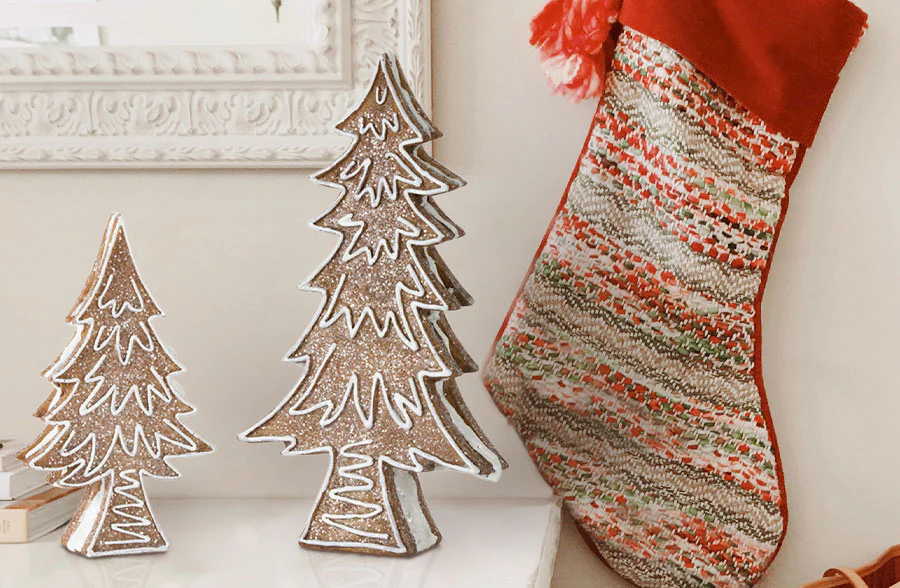 Snow-covered Shimmering Gingerbread Tree, Set of 2