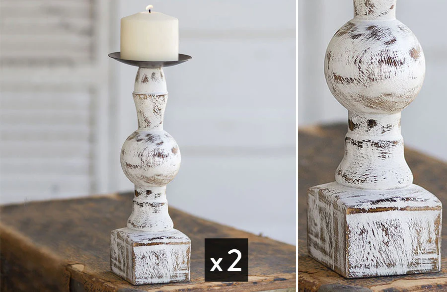 Carved Wood Candle Pillar, Set of 2