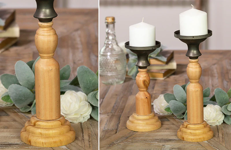 Metal and Wood Pillar Candle Holders. Set of 2