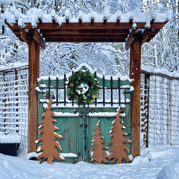 Rustic Distressed Metal Outdoor Trees with Yard Stakes, Set of 3