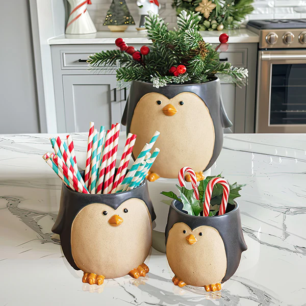 Ceramic Penguin Planters, Set of 3