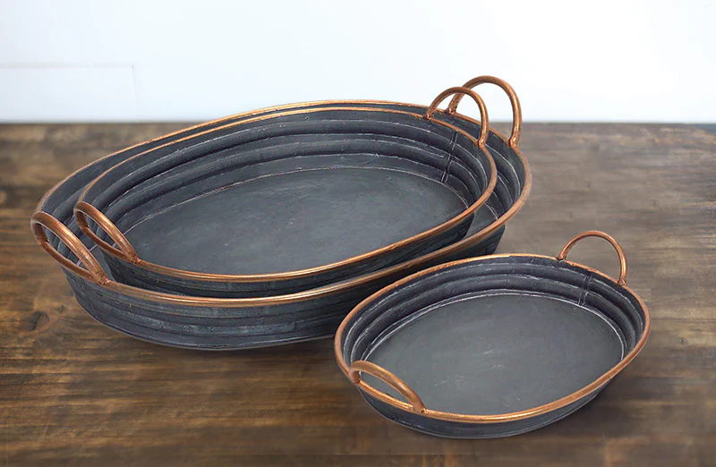 Galvanized Oval Tray Tub With Handles  Set of 3